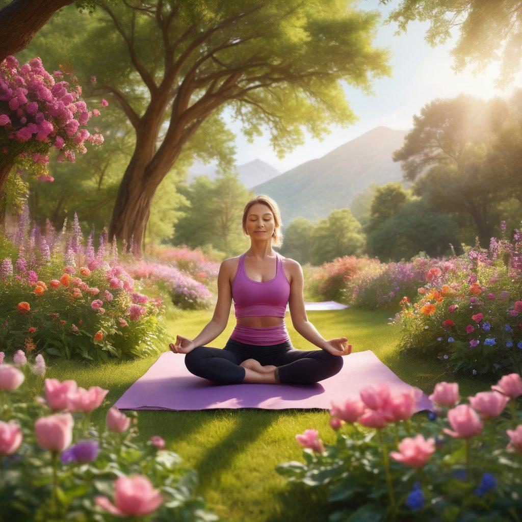 A serene and inspiring landscape featuring a diverse group of individuals practicing yoga outdoors, surrounded by vibrant greenery and blooming flowers, embodying health and wellness. Incorporate symbols of cancer education, such as ribbons and informative books subtly integrated into the scene. The atmosphere should feel uplifting and empowering, appealing to a broad audience. super-realistic. vibrant colors. natural light.
