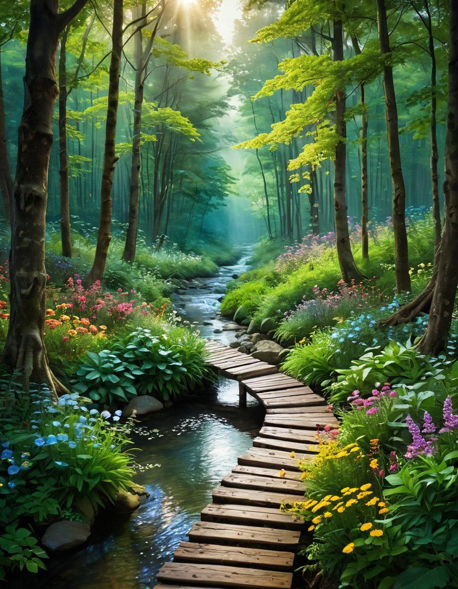 An ethereal landscape depicting a serene journey through a lush green forest with paths leading to bright, hopeful destinations. Include elements like a gentle stream representing healing, vibrant flowers symbolizing hope, and soft sunlight filtering through the trees. Incorporate diverse people walking together, sharing their stories and embracing wellness, signifying empowerment and support. Inspire a sense of unity and resilience against cancer. super-realistic. vibrant colors. uplifting atmosphere.