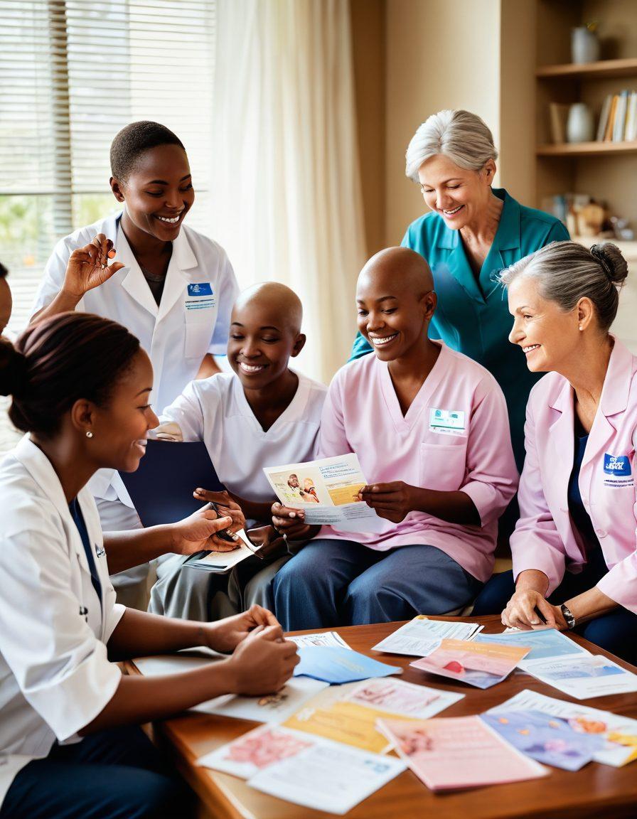 A compassionate scene depicting a diverse group of cancer patients engaged in support activities, surrounded by essential resources like informational brochures, care packages, and friendly healthcare professionals. Soft, warm lighting to convey hope and support, with subtle symbols of strength like ribbons and butterflies in the background. super-realistic. vibrant colors. soft focus.